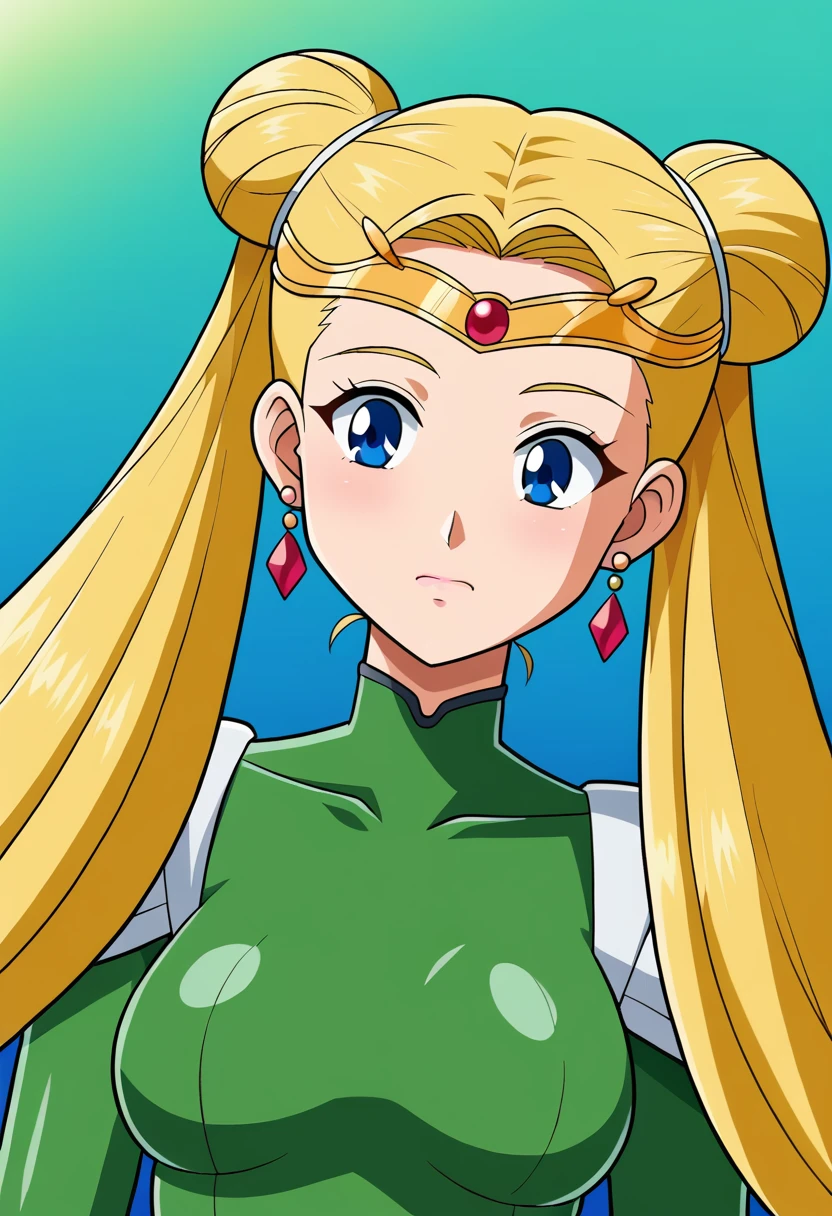 aausagi, long hair, double bun, twintails, parted bangs, blonde ,tiara, earrings, blue eyes, green bodysuit