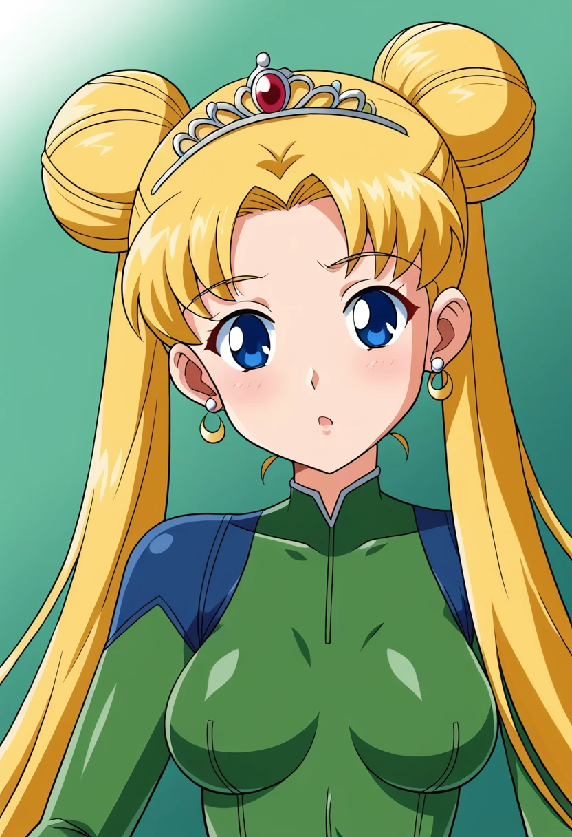 aausagi, long hair, double bun, twintails, parted bangs, blonde ,tiara, earrings, blue eyes, green bodysuit