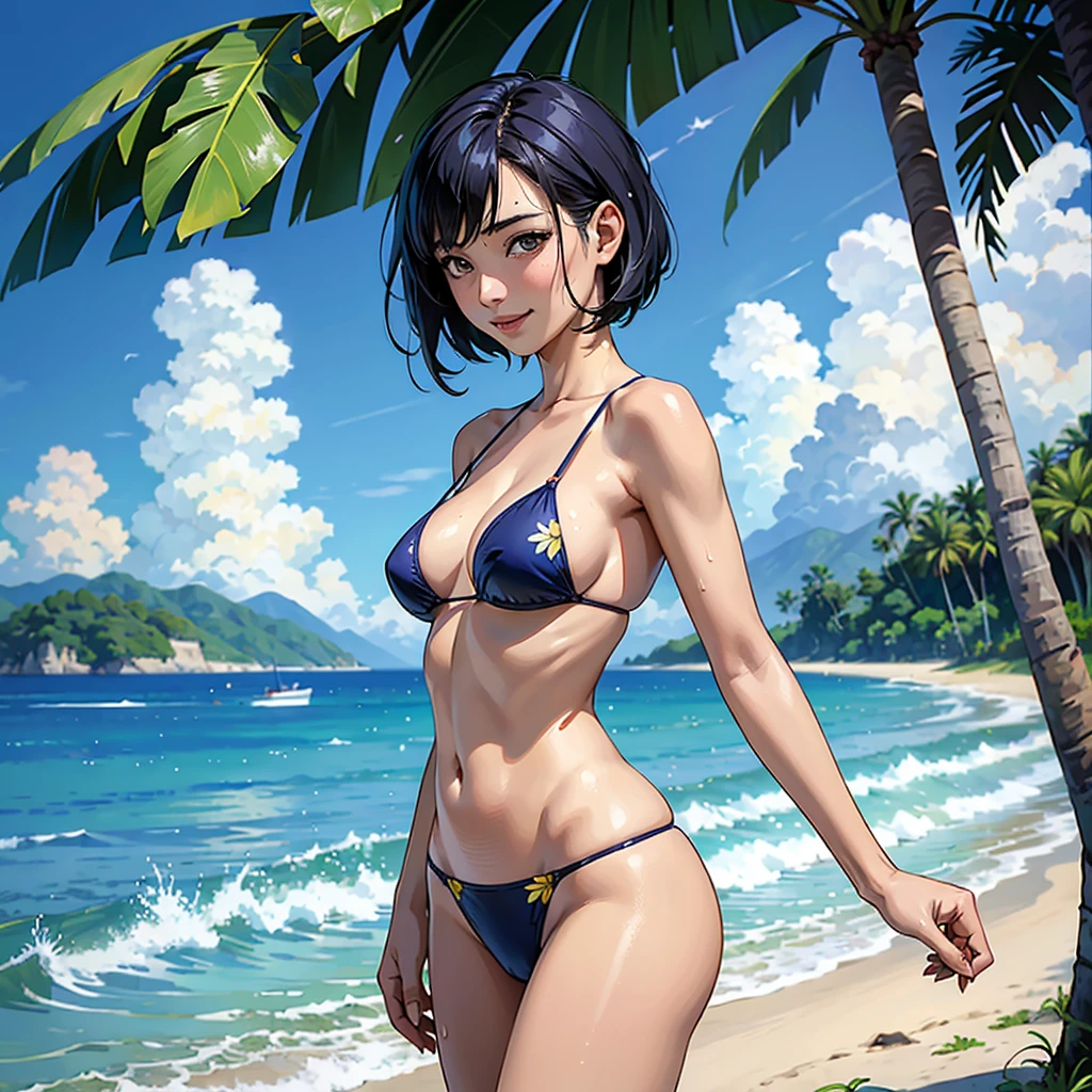 ((highest quality, masterpiece, High resolution)), ((reality)),Photos of beautiful Japanese women,((anime art))、 (((1 girl))), normal size breasts, slim body shape, medium short hair, double eyelid, Wet see-through micro bikini, A pareo with bold ethnic patterns and plenty of primary colors、realistic skin、Wet,whole body,cinematic light、tropical、Against the background of palm trees on both sides、on a sunny beach、With the sea in the background、blur background、smile