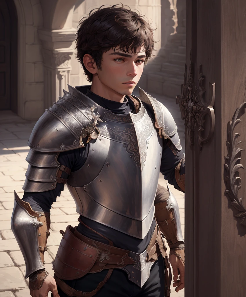 absurdres,beautiful and detailed illustration,masterpiece,best quality,ultra-detailed,soft lighting,1boy, cowboy shot, solo, solo focus, armor, knight, intricate armor, intricate shield, holding shield, holding greatsword, drawn in the artstyle of short black hair