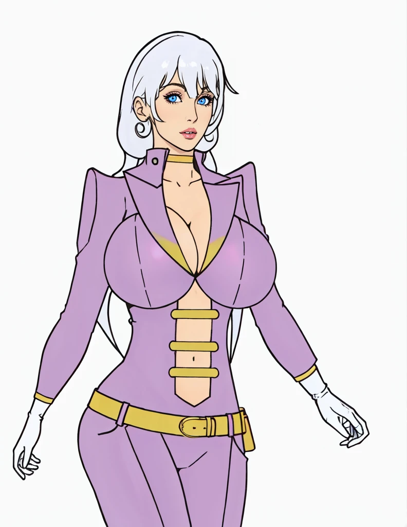 adult woman, white blon long curly hair, pink latex blazer outfit,pink shoulder pads, pink boots,gold belts, white gloves, blue eyes, big breast,walking