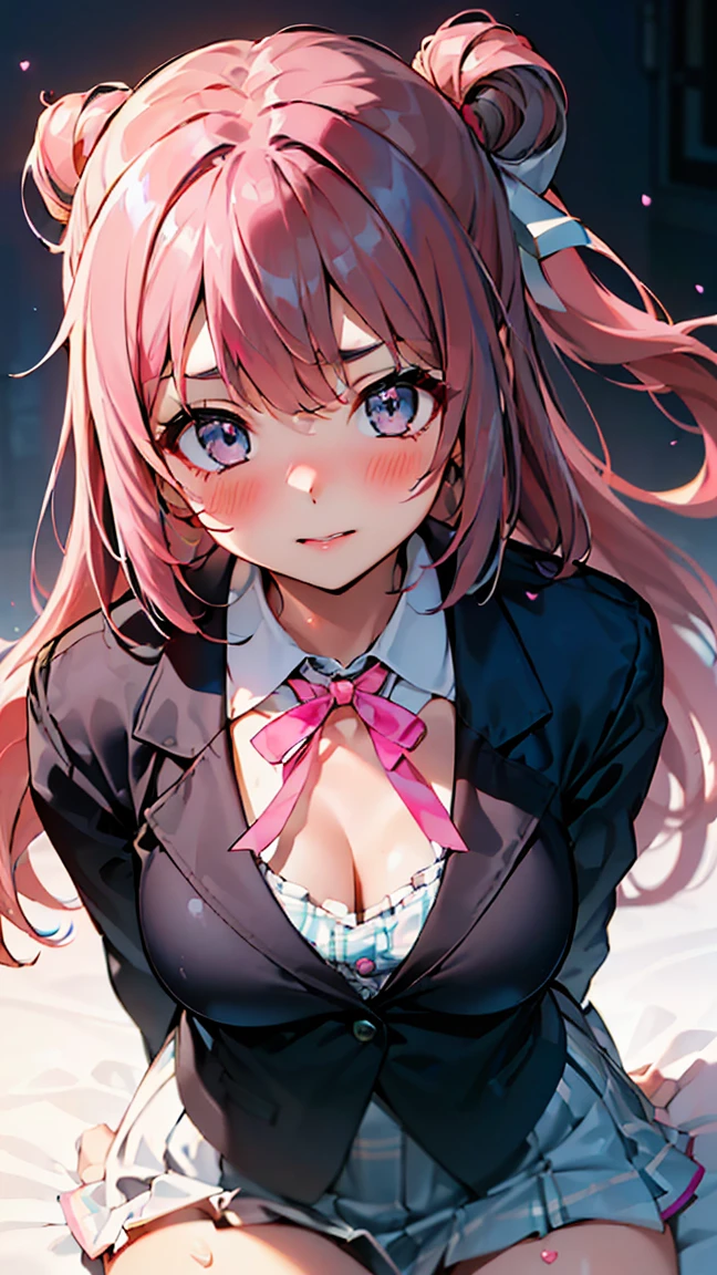 high quality, top-down composition, small breasts, (((pink hair, :1.5))), high quality, (8K, raw, best quality, real 1.2)), ultra high quality, high resolution, best quality, perfect face, perfect limbs, perfect fingers, high resolution, girl in abandoned school background 1, (beautiful anime face, cute face, detailed face), --- BREAK,((Detailed drawing of Nijigasaki High School idol club uniform 1.5)),((Black blazer 1.5)),((White skirt with black plaid 1.5)),((Red ribbon 1.5)),Adorable facial expression,Miniature clothes),Light smile,Closed mouth,Parted lips,Pink lipstick,BREAK,Standing,Turning around,Back view,Cowboy shot,Miniature human hand,((Details of school background 1.3)),8 Descriptions Big and thin Manga style,Perfect anatomy,Perfect proportions,Night,Nice lighting,Bright colors,Clean lines,Information,((Girl's room 1.4)),Bed,Blurred,Stunning facial expression,Restless emotions,Gorgeous,Pretty,Detailed beautiful face and eyes,(Masterpiece)Beautiful face,Young handsome girl,Real perfect skin,Blurred,Stunning facial expression,Restless emotions,Gorgeous,Pretty,Detailed beautiful face and eyes,(Audrey Hepburn),(17 age), Blake, fine and beautiful skin with cleavage, (cute type), (J-pop idol), (thighs, (depth of field), (depth of field), soft light, glittering lens gaze, (droopy eyes), straight teeth, shy smile, floating hair, Blake's movie scene, cinematic full color, 4K, 8K, 16K lace, raw photo, must-see movie, professional color grade, professional photographer, , soft and clean focus, realistic lighting and shadows, ( (slender), (abdomen 0.95), (slim), (beautiful girl), (waist detail 1.15), (beautiful girl), (detail), open lips, red lips, full makeup face, (glowing skin), (perfect female body), (total length 1. perfect anatomy, perfect proportions, beautiful Korean actress face, very cute and beautiful Japanese actress face), (blush),