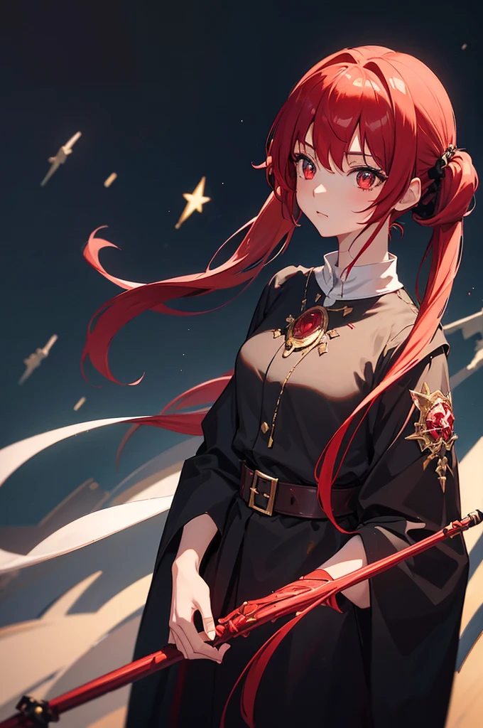1girl, solo, best quality, masterpiece, Ruby Hoshino, red hair in pigtails, sparkling eyes, star on eye, 20 years old, long black robe, long black leggings, dark mage, magician with long staff, intricate details, cinematic lighting, dramatic shadows, vibrant colors, fantasy art, digital painting