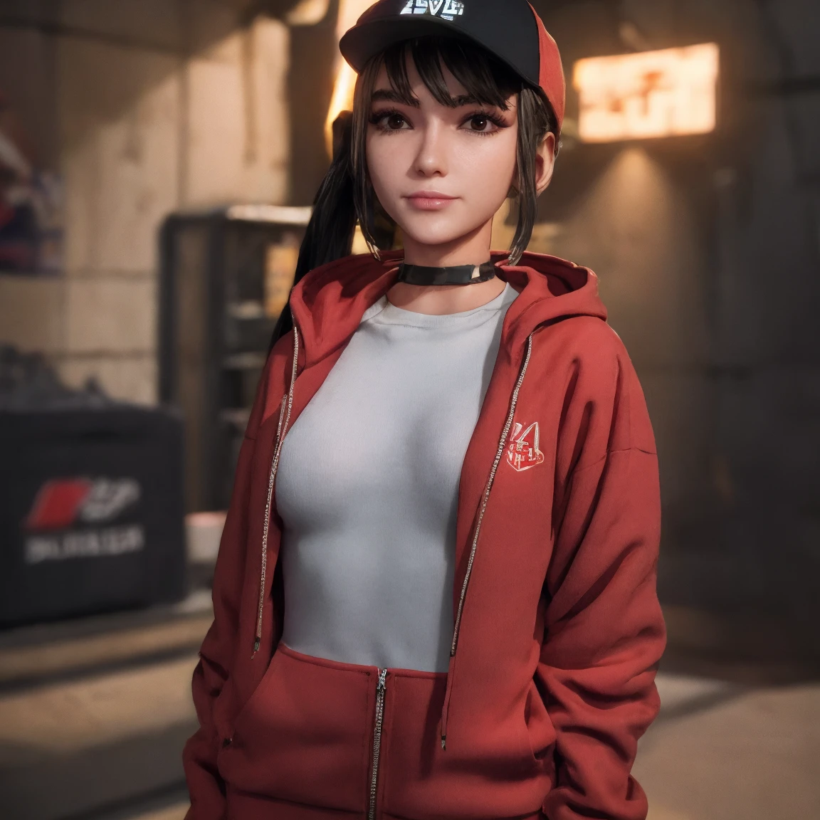 (masterpiece), best quality, expressive eyes, frontal pose, smile closed, perfect face,portrait face , Brown eyes, Eve, Short bob haircut, Stellar blade, Fringe hair, Athletic body, Ponytail hair, unreal engine skin:0.3,blushing cheeks:1.4, tight breast, looking at viewer,, cyberpunk bedroom, night, neon glow spothlighs in the walls, (snapback hat, Red hoodie hip hop clothes), high eyes details,