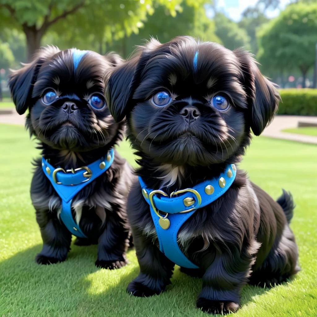 2 adorable small shih black shih tzu puppies wearing blue collars with bright blue eyes playing in park 3D Pixar style