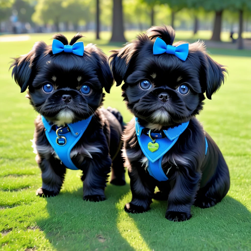 2 adorable small shih black shih tzu puppies wearing blue collars with bright blue eyes playing in park 3D Pixar style