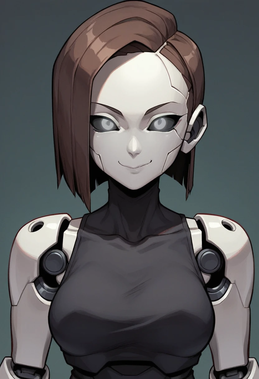 (Anime, 1girl, brown bob hair, grey eyes, dark punk clothes, punk clothes, portrait, Robot girl, Mecha, Android, joint limbs, robot joints, facial joints, metal pale skin, black sclera, no mouth, glowing eyes, no face, smug face), score_9, score_8_up, score_7_up