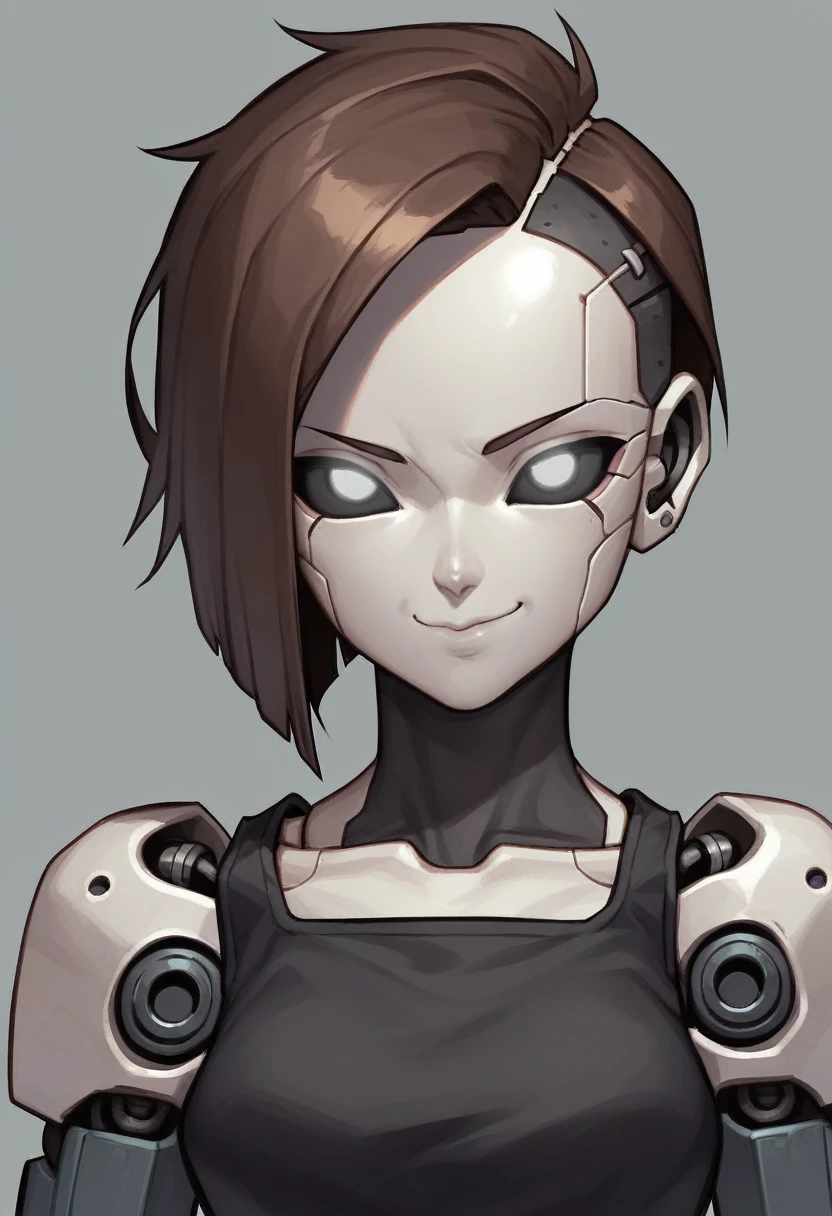 (Anime, 1girl, brown bob hair, grey eyes, dark punk clothes, punk clothes, portrait, Robot girl, Mecha, Android, joint limbs, robot joints, facial joints, metal pale skin, black sclera, no mouth, glowing eyes, no face, smug face), score_9, score_8_up, score_7_up