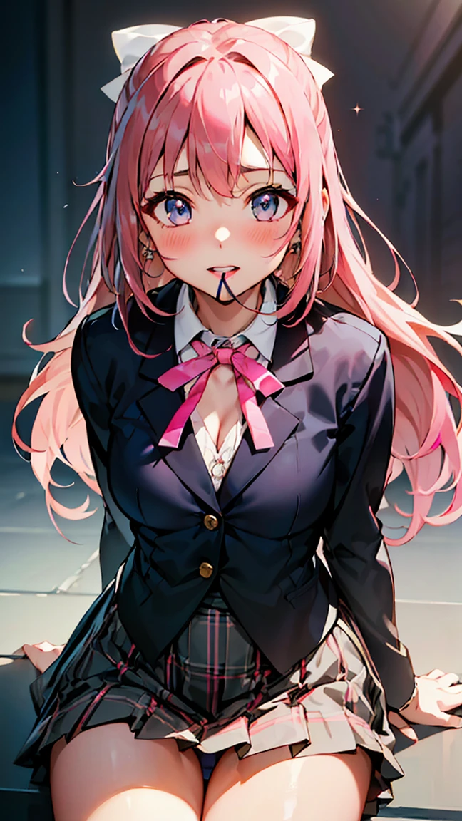 white panties visible through the gap in her thighs, high quality, top down composition, small breasts, (((pink hair, :1.5))), high quality, (8K, raw, best quality, real 1.2)), ultra high quality, high resolution, best quality, perfect face, perfect limbs, perfect fingers, high resolution, ((detailed drawing of Nijigasaki High School idol club uniform 1.5)), ((black blazer 1.5)), ((white skirt with black plaid 1.5)), ((red ribbon 1.5)), adorable facial expression, miniature clothing), light smile, mouth closed, lips parted, pink lipstick, BREAK, miniature human hand, ((school background details 1.3)), perfect anatomy, perfect proportions, night, nice lighting, bright colors, clean lines, information, ((sitting 1.4)),Blurred,Stunning facial expression,Restless emotion,Gorgeous,Pretty,Detailed beautiful face and eyes,(Masterpiece)Beautiful face,Young handsome girl,Real perfect skin,Blurred,Stunning facial expression,Restless emotion,Gorgeous,Pretty,Detailed beautiful face and eyes,(Audrey Hepburn),(),Blake,Fine and beautiful skin with cleavage,(Cute type),(J-pop idol),(Thighs,(Depth of field),(Depth of field),Soft light,Glittering lens gaze,(Droopy eyes),Straight teeth,Bashful smile,Floating hair,Scene from Blake's movie,Cinematic full color,4K,8K,16K lace,Raw photo,Must see movie,Professional color grade,Professional photographer,School girl,Soft and clean focus,Realistic lighting and shadows,((Slender),(Abdomen 0.95),(Slim),(Beautiful girl),(Waist details 1.15), (beautiful girl), (details), open lips, red lips, full make-up face, (glowing skin), (perfect female body), (full length 1. perfect anatomy, perfect proportions, beautiful korean actress face, very cute and beautiful japanese actress face), (blush),