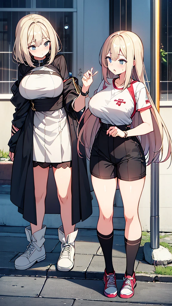 two beautiful girls with their skirts up and showing their crotch, ridicule,drenched in sweat and my whole body is wet and shiny,Wet and see-through clothing blazer ,Thigh-high socks, climaxing and loosening expression, Semen is dripping from the crotch,very huge breasts and buttocks,sexual underwear,Showing off her crotch with her fingers,nipples visible through clothes,Pleated skirt that is too short and exposes underwear