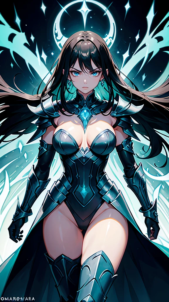 She has a mature, defined face with a firm jawline and high cheekbones, intense green eyes, and long black hair with loose strands framing her face. Her skin is tanned and glowing. She has a curvier and more athletic physique, with well-defined muscles and an imposing yet graceful presence. Elara is wearing an elaborate armor made from the spoils of Nargoth. The armor is dark metal with glowing runes and features blue, ice-like adornments. It includes stylized shoulder pads, a robust chestplate with dragon emblems, and a flowing cape, reflecting strength and elegance.