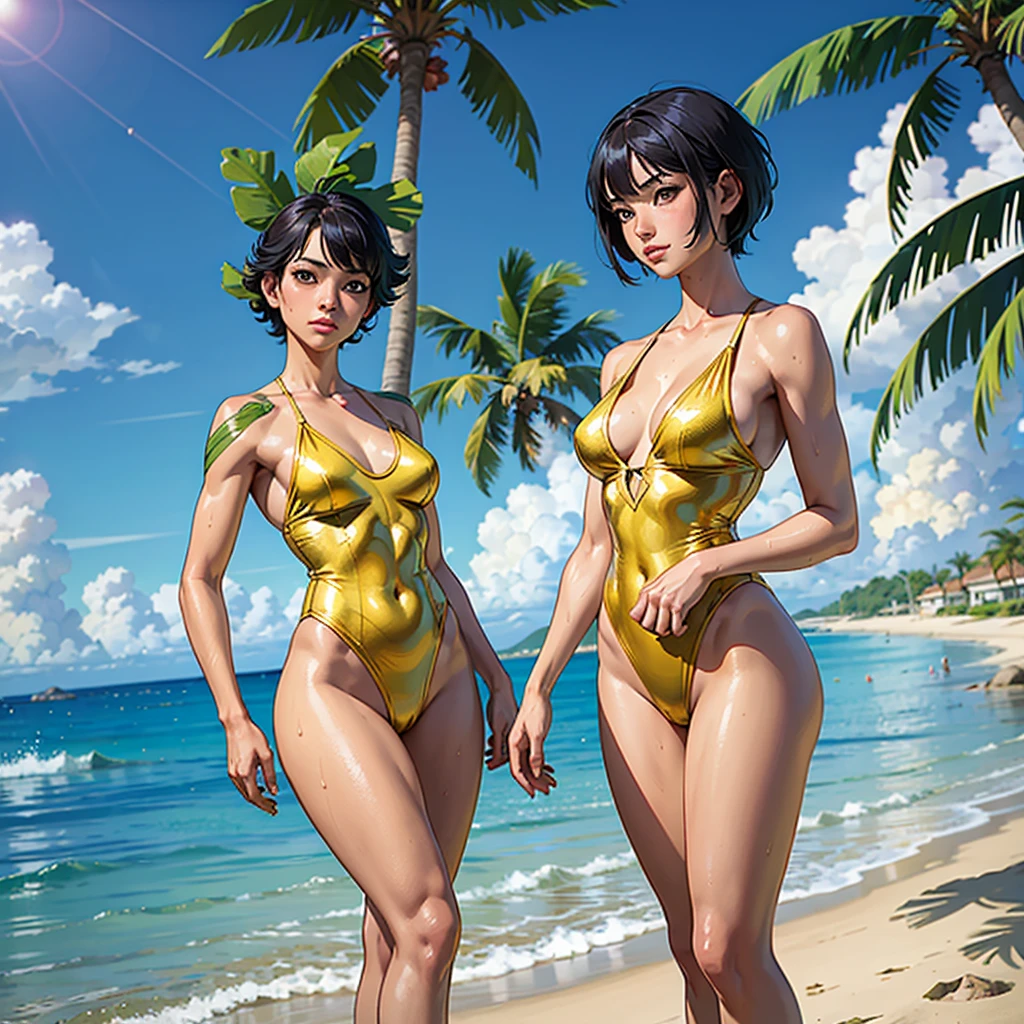 ((highest quality, masterpiece, High resolution)), ((reality)),Photos of beautiful Japanese women,((anime art))、 (((1 girl))), normal size breasts, slim body shape,  medium short hair, double eyelid, Wet see-through gold micro one-piece swimsuit,,  A pareo with bold ethnic patterns and plenty of primary colors、realistic skin、Wet,whole body,cinematic light、tropical、Against the background of palm trees on both sides、on a sunny beach、With the sea in the background、blur background、Clean abs,