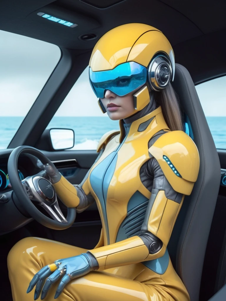 ral-opal, meahophontron, cyberpunk, alien woman (yellow suit, gray, light blue brown) Con armadura futurist, (along with a supercar) blue colors, negro, gray con soft tones, background image: (driving through the sea) soft tones, futurist