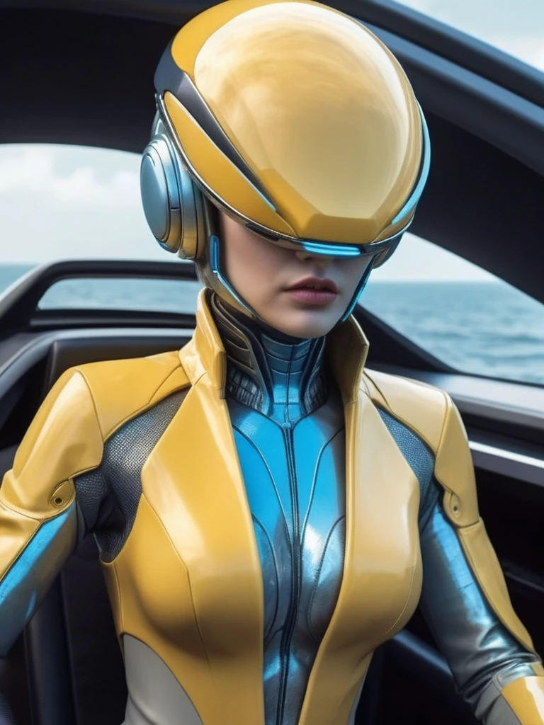 ral-opal, meahophontron, cyberpunk, alien woman (yellow suit, gray, light blue brown) Con armadura futurist, (along with a supercar) blue colors, negro, gray con soft tones, background image: (driving through the sea) soft tones, futurist