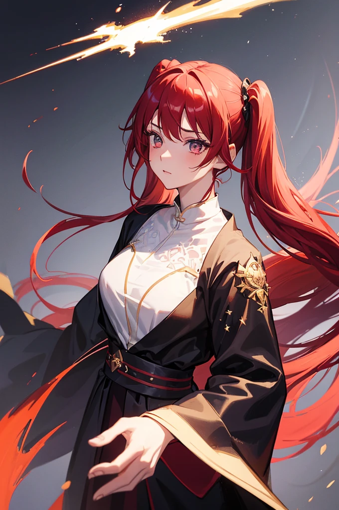 masterpiece, best quality, high quality, detailed, ultra detailed, hyper detailed, insanely detailed, exquisite, beautiful, FHD, Full-HD, 4K, 8K, highres, absurdres, woman, samurai, grumpy, glaring, standing, looking at viewer, long hair, red hair, red eyes, tall, toned body, beautiful breasts, leggy, hakama, blush, Scene of Tension, in the village, at night, cel anime, from front, front view, upper body, with a crescent moon, with a nebula