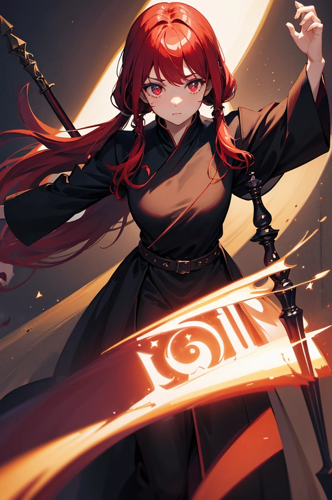 1girl, solo, best quality, masterpiece, Ruby Hoshino, red hair in pigtails, sparkling eyes, star on eye, 20 years old, long black robe, long black leggings, dark mage, magician with long staff, intricate details, cinematic lighting, dramatic shadows, vibrant colors, fantasy art, digital painting, in action pose, heros pose