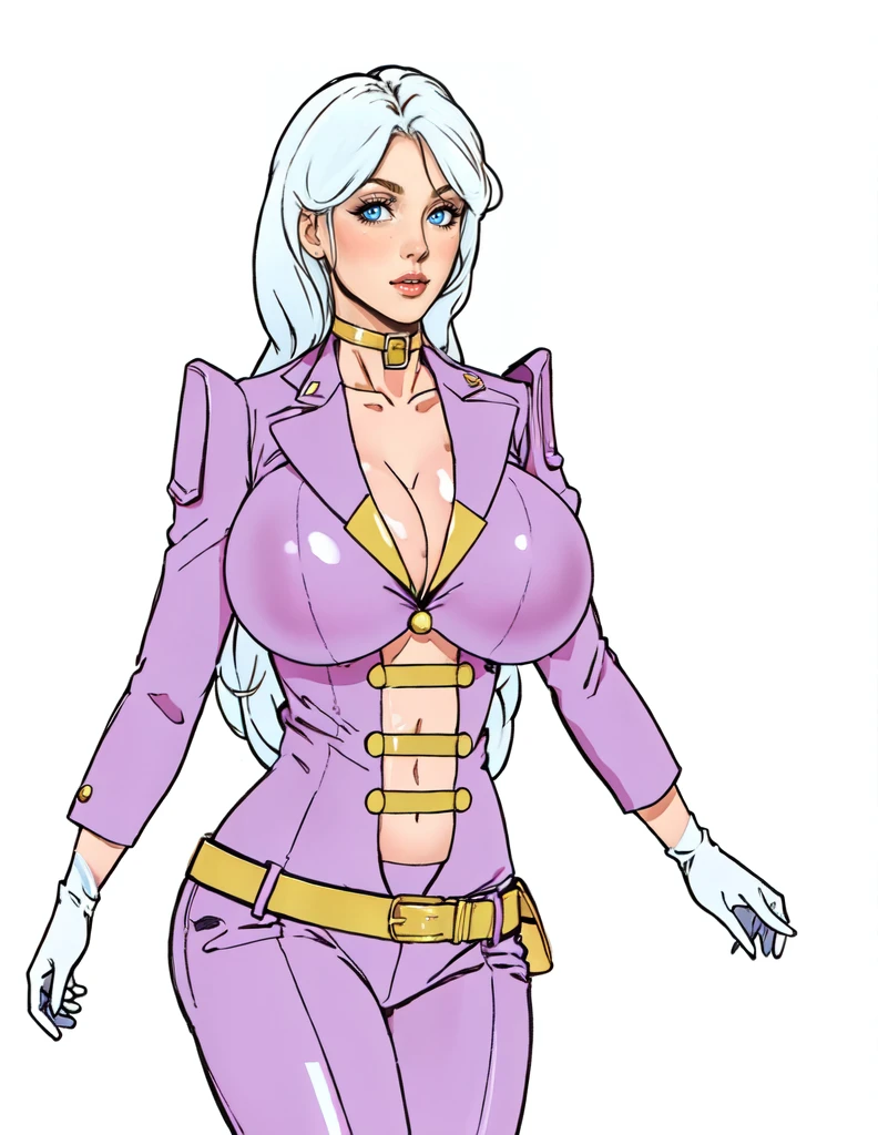 adult woman, white blon long curly hair, pink latex blazer outfit,pink shoulder pads, pink boots,gold belts, white gloves, blue eyes, big breast,walking