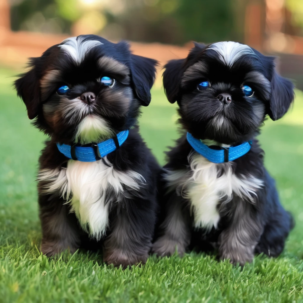 2 adorable small shih black shih tzu puppies wearing blue collars with bright blue eyes playing in park 3D Pixar style