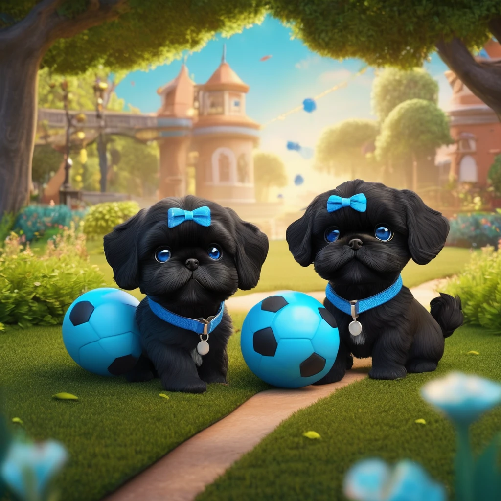 2 adorable small shih black shih tzu puppies wearing blue collars with bright blue eyes playing in park 3D Pixar style