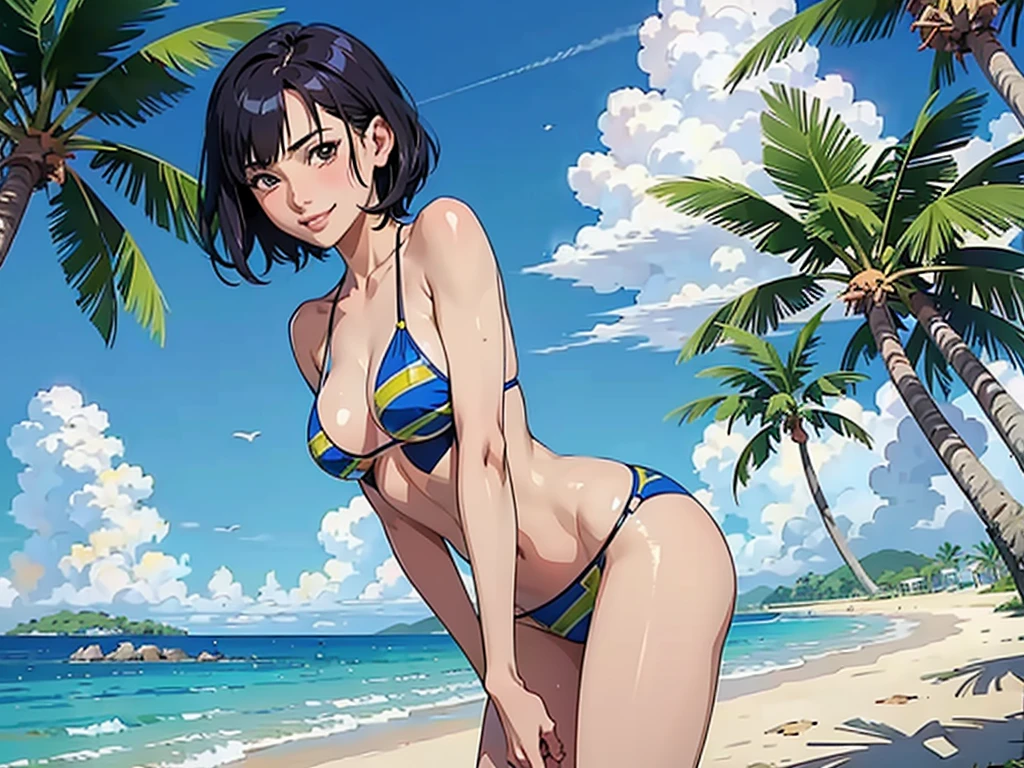 ((highest quality, masterpiece, High resolution)), ((reality)),Photos of beautiful Japanese women,((anime art))、 (((1 girl))), normal size breasts, slim body shape, medium short hair, double eyelid, Wet see-through micro bikini, A pareo with bold ethnic patterns and plenty of primary colors、realistic skin、Wet,whole body,cinematic light、tropical、Against the background of palm trees on both sides、on a sunny beach、With the sea in the background、blur background、smile