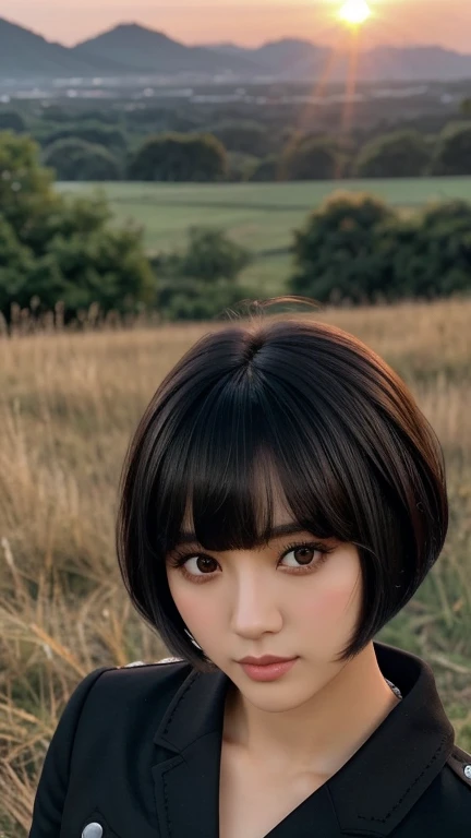 ,uma de uma mulher ela tem cabelo preto with bangs, Hime black haircut, ulzzang, korean, with short hair with bangs, with short hair, dilraba dilmurat, garota gótica korean cruel, white hime cut hairstyle, hair styled like bangs, with bangs, korean symmetrical face, sunset, lindo sunset, Clouded, forst, nature walk