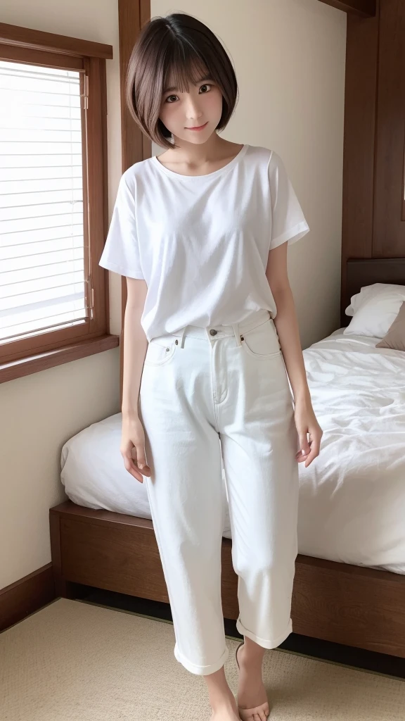 〈high resolution〉〈live-action〉〈high quality〉beautiful girl、Cute Girlfriend、Japanese、Hairstyle:Short Bob、Body Type:slim、clothing:White pants、composition:whole body、place:Bedroom