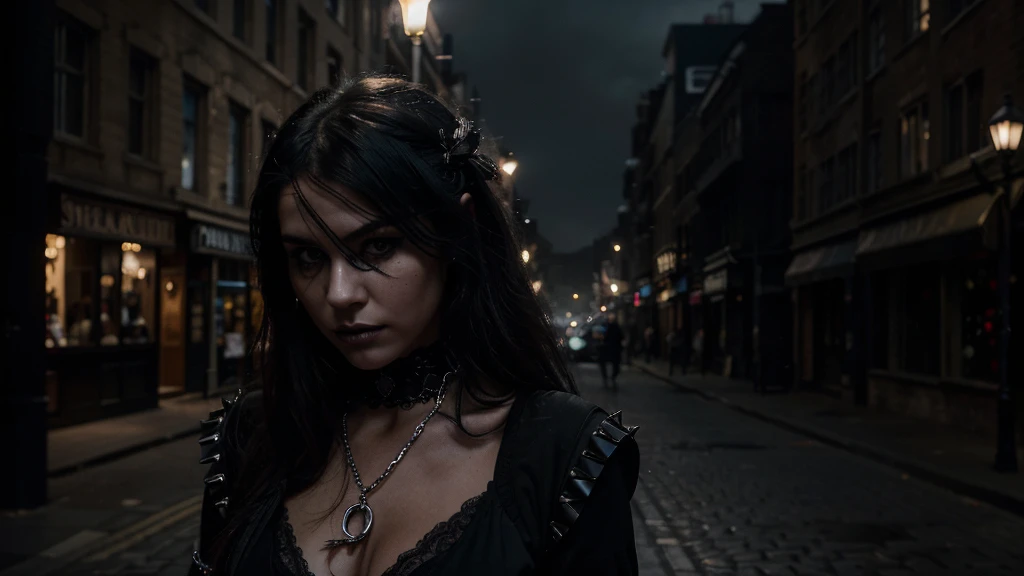 A strikingly contrasting figure, the goth girl prowls the streets at night with an air of mystery. Her black dress is adorned with silver spikes and chains, adding a tough edge to her appearance. The image, most likely a photograph, captures her in the dim light, creating a moody atmosphere. Every detail is sharp and clear, from the intricate lace on her gloves to the smoky makeup around her eyes. The high quality of the image allows for the viewer to feel as though they are right there on the darkened streets with her, experiencing the same sense of intrigue and rebellion.
