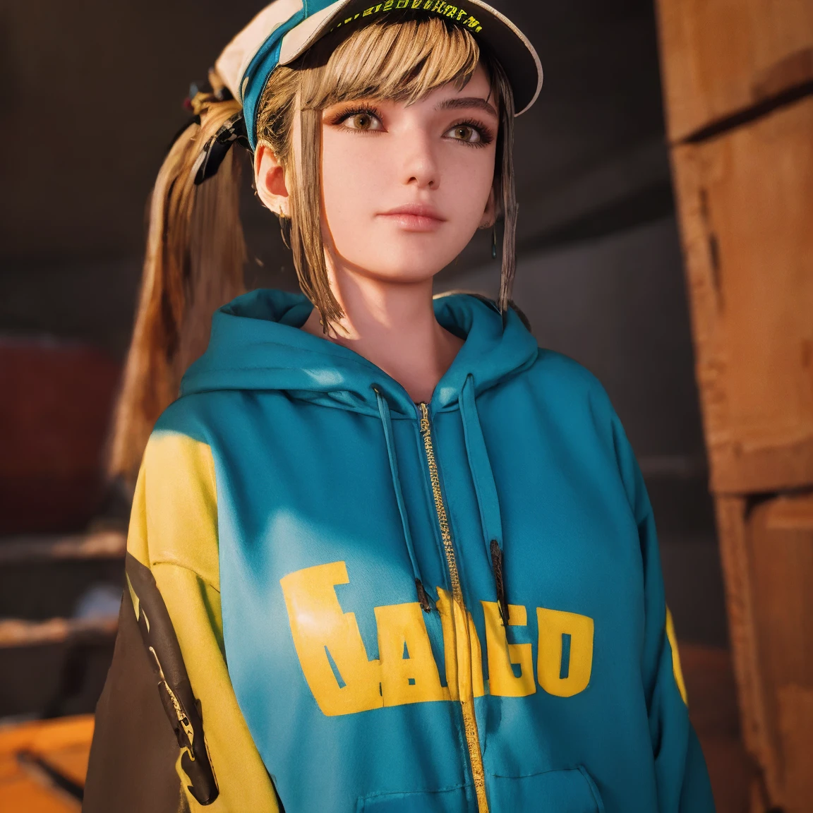 (masterpiece), best quality, expressive eyes, frontal pose, smile closed, perfect face,portrait face , Brown eyes, Eve, Short bob haircut, Stellar blade, Fringe hair, Athletic body, Ponytail hair, unreal engine skin:0.3,blushing cheeks:1.4, tight breast, looking at viewer,, cyberpunk bedroom, night, neon glow spothlighs in the walls, (snapback hat, Red hoodie hip hop clothes), high eyes details,