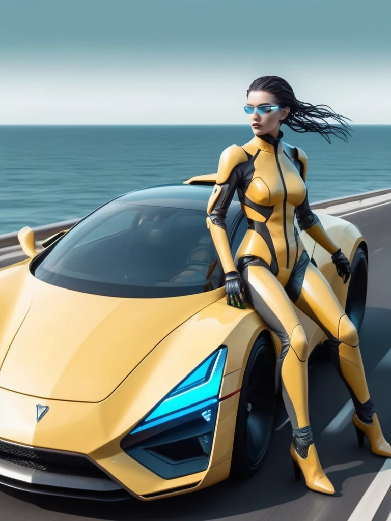 ral-opal, meahophontron, cyberpunk, alien woman (light yellow suit, black gray, light blue brown) With futuristic armor, (along with a supercar) blue colors, , gris con soft tones, background image: (driving through the sea) soft tones