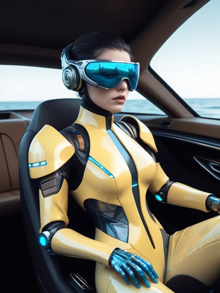 ral-opal, meahophontron, cyberpunk, alien woman (light yellow suit, black gray, light blue brown) With futuristic armor, (along with a supercar) blue colors, , gris con soft tones, background image: (driving through the sea) soft tones