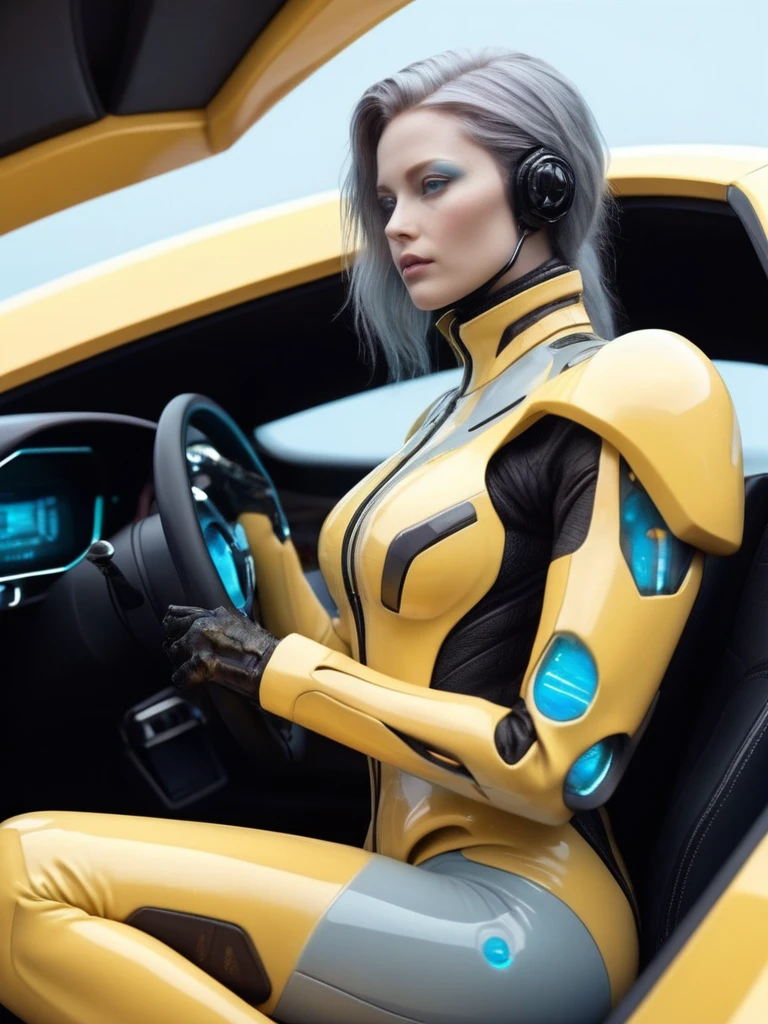 ral-opal, meahophontron, cyberpunk, alien woman (light yellow suit, black gray, light blue brown) With futuristic armor, (along with a supercar) blue colors, negro, gris con soft tones, background image: (driving through the sea) soft tones