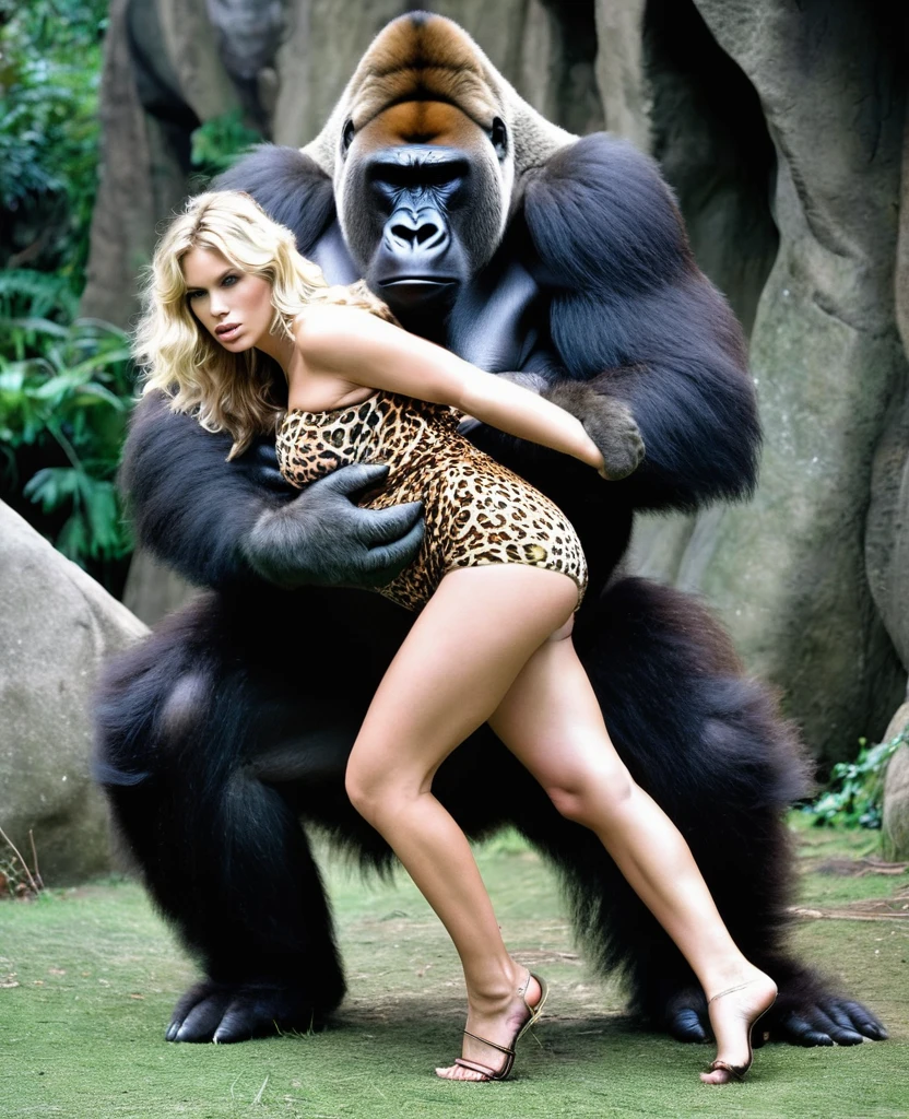  A Limp fainted sleepy topless  blonde leopard thong cavewoman  being carried by giant gorilla in his arms cradling her nsfw