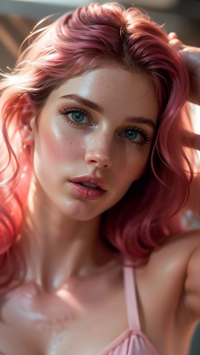 (((ultra realistic))) Photo, masterpiece, top quality, (pale skin), (Ultra detailed face and eyes:1.3), 1 girl, Adult, In Lifchik, ((Eye makeup, pink mascara)), ((large detailed lips)), ((pink wavy hair)), ((Stylish hairstyle)) , (Natural breasts), Slim waist. ((Posing, palms on face)), photoshoot, Studio soft lighting, (The play of light and shadows), depth of field, bokeh, (special attention to skin detail: 1.2), Detailed leather texture, skin pores. (Airy atmosphere of the frame. Color range - delicate, Bright, Pink tones), UDR, ((Film grain)), ((rays)), (Glare), ((waist up portrait, close to the camera)) , ultra detialed,