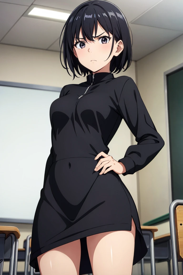 (artwork, best quality) a girl with short black hair, gray eyes, black long-sleeved short dress, upset, in a classroom