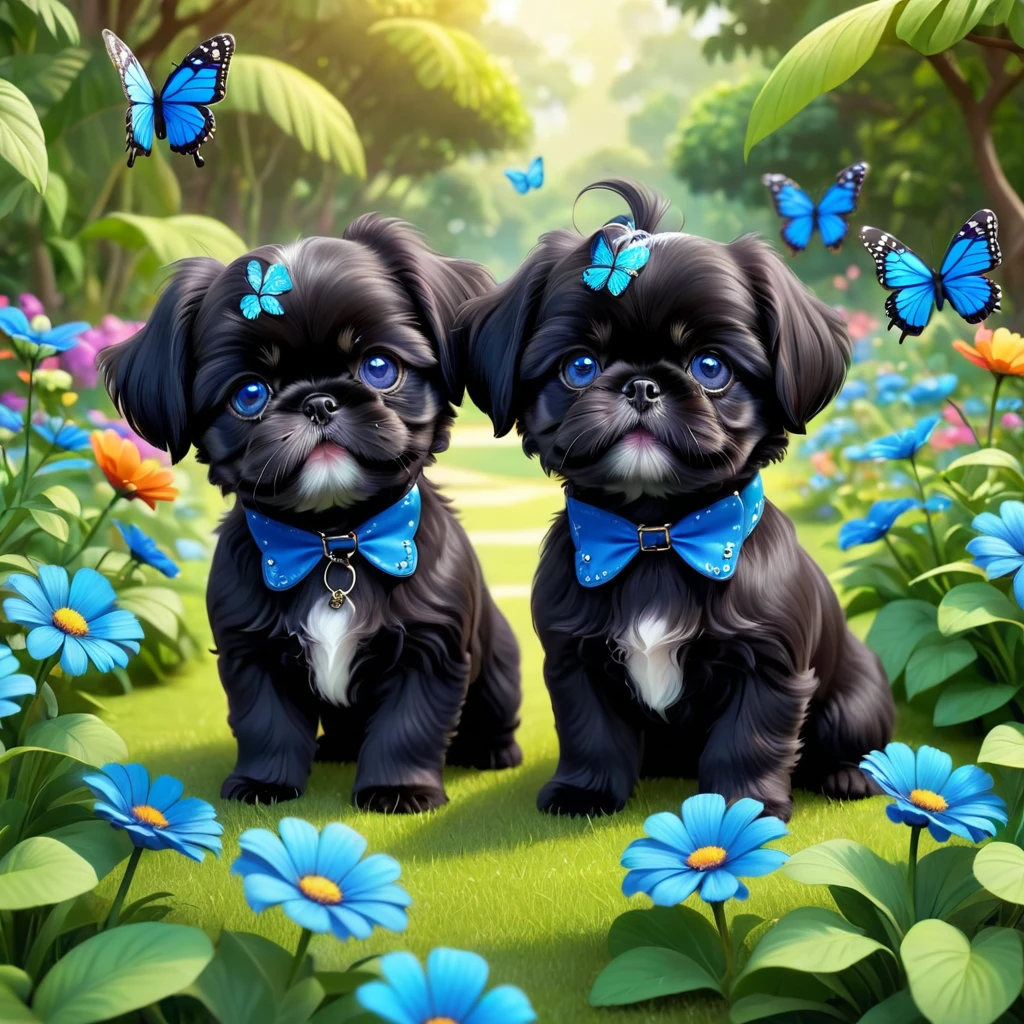 2 adorable small shih black shih tzu puppies wearing blue collars with bright blue eyes playing in park butterflies and flowes in background 3D Pixar style
