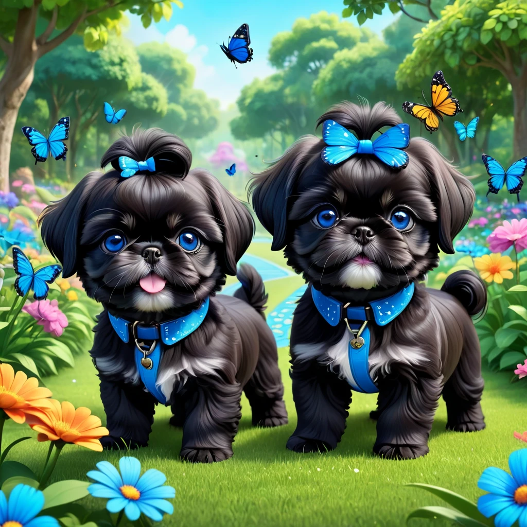 2 adorable small shih black shih tzu puppies wearing blue collars with bright blue eyes playing in park butterflies and flowes in background  3D Pixar style