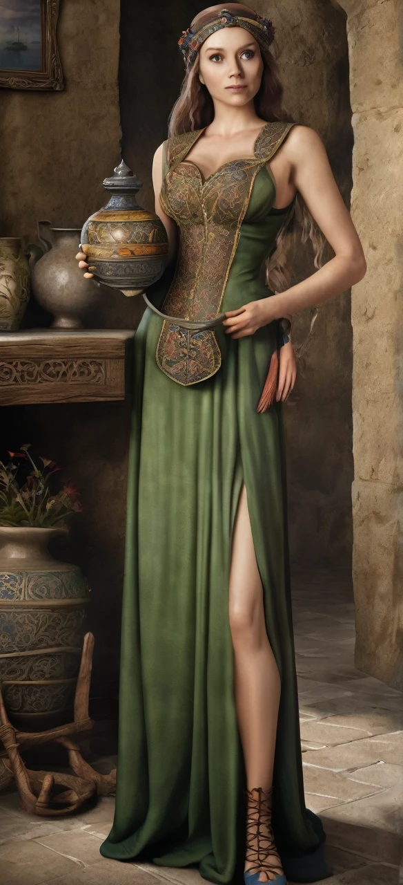 Madame loch holding a vase beautiful body medieval style Ultrarealistic