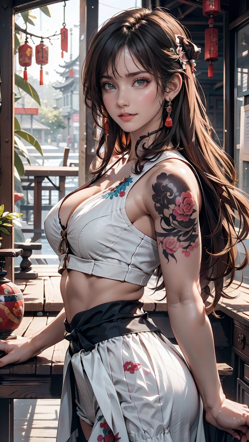 Ancient Chinese Beauties, Attractive temperament, Flowing long skirt, Clear Face, Beautiful Eyes, Around the sweet osmanthus, A well-proportioned masterpiece with perfect body structure, Very detailed, A magnificent composition, Color tattoo art, New Traditional Tattoo Art, SD Tattoo Design, Color tattoo art, Mysterious, warm and friendly atmosphere, Hyperrealistic painting, Super HD, high quality, 最high quality, 32K --v 6、24-year-old woman、Sexy proportionature female body、Sexy proportionakeup、Textured skin((textured skin))、smile、Narrow waist