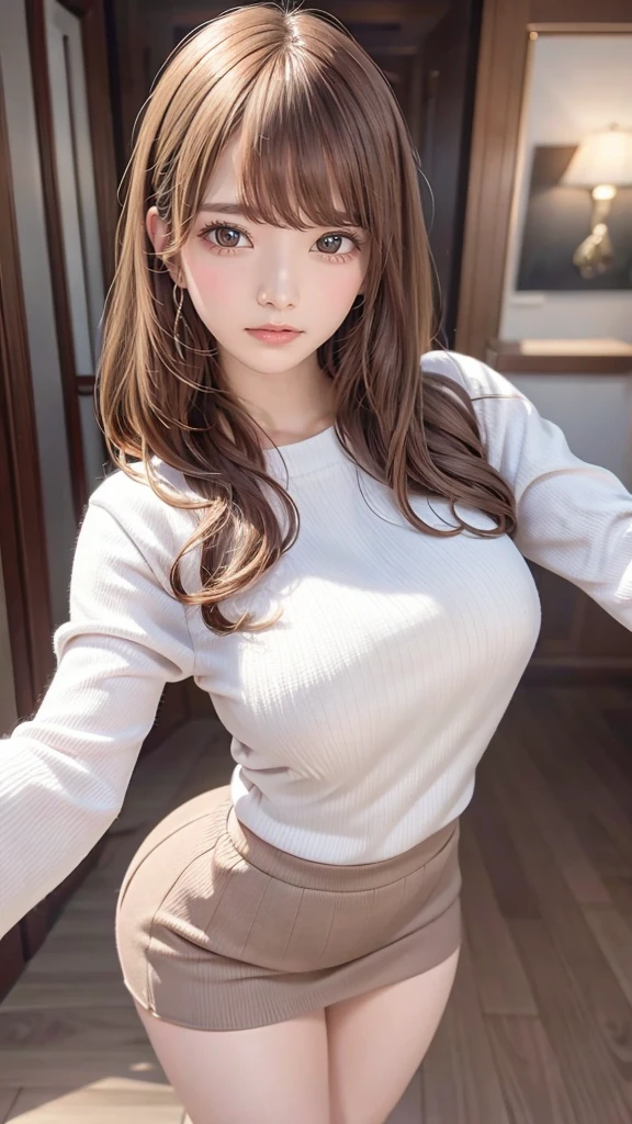 It's snowing,spread arms,town,(ultra detailed skin),curvy,,beautiful breasts,large breasts,pale skin,pointy breasts,erect nipples,(fantasy art,Highest image quality,Hyperrealist portrait,(8k),ultra-realistic,best quality, high quality, high definition, high quality texture,high detail,beautiful detailed,fine detailed,extremely detailed cg,detailed texture,a realistic representation of the face,masterpiece,Sense of presence,Dynamic,bold),(thin hair),(soft hair),Swept long bangs,extra light coppery amber hair,hair over one eye,clothed,(baggy sweater),tight mini skirt,stockings,Engineer boot,girl