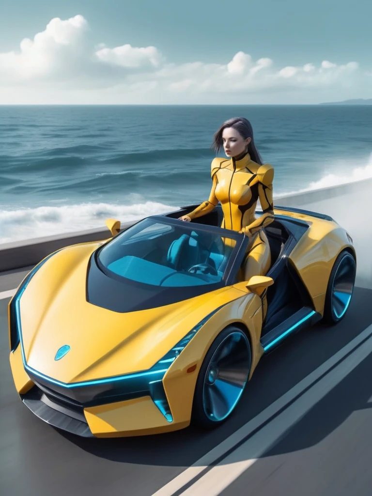 ral-opal, meahophontron, cyberpunk, women, alien (yellow suit, gray, light blue brown) Con armadura futurist, (along with a supercar) blue colors, negro, gray con soft tones, background image: (driving through the sea) soft tones, futurist