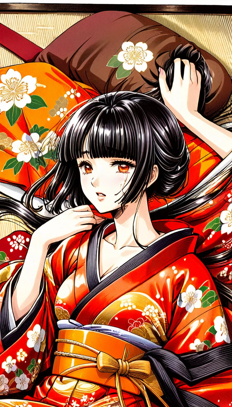 Close-up of a woman with black straight hime cut hair wearing a red and orange dress, Red kimono with flower patterns, From the Sengoku period, Long and beautiful kimono, Flowing hair and long, super shiny robes, Red kimono, Japanese Kimono, Wearing Imperial Kimono, Wearing kimono and armor, In kimono, Safety, kimono, Hakama kimono, Inspired by Fujiwara Takanobu, pale and colouRed kimono　She is laid down on the futon, exposing her nipples, writhing and crying.