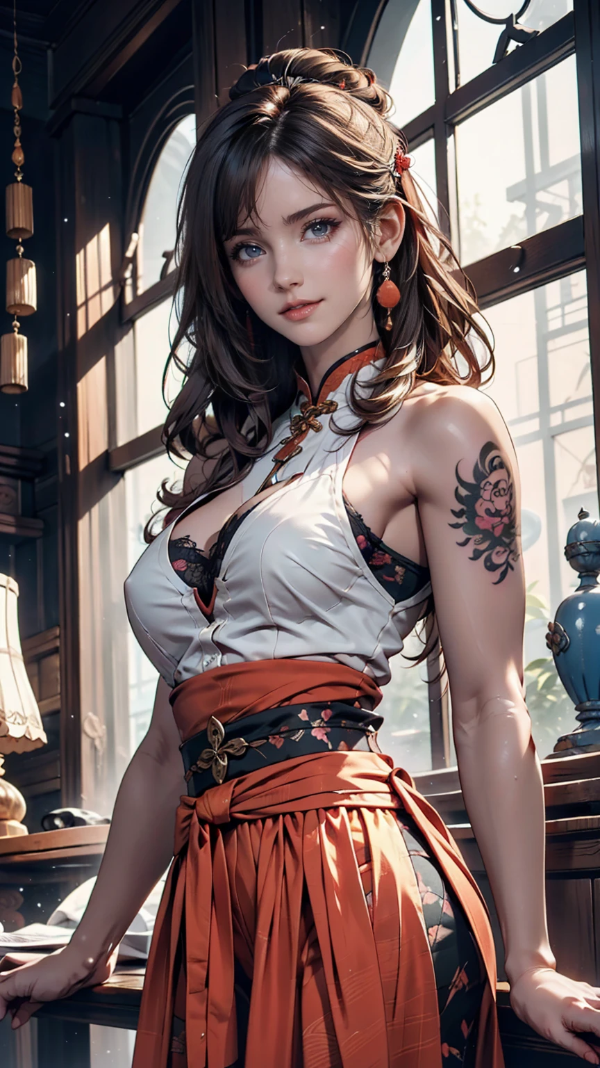 Ancient Chinese Beauties, Attractive temperament, Flowing long skirt, Clear Face, Beautiful Eyes, Around the sweet osmanthus, A well-proportioned masterpiece with perfect body structure, Very detailed, A magnificent composition, Color tattoo art, New Traditional Tattoo Art, SD Tattoo Design, Color tattoo art, Mysterious, warm and friendly atmosphere, Hyperrealistic painting, Super HD, high quality, 最high quality, 32K --v 6、24-year-old woman、Sexy proportionature female body、Sexy proportionakeup、Textured skin((textured skin))、smile、Narrow waist
