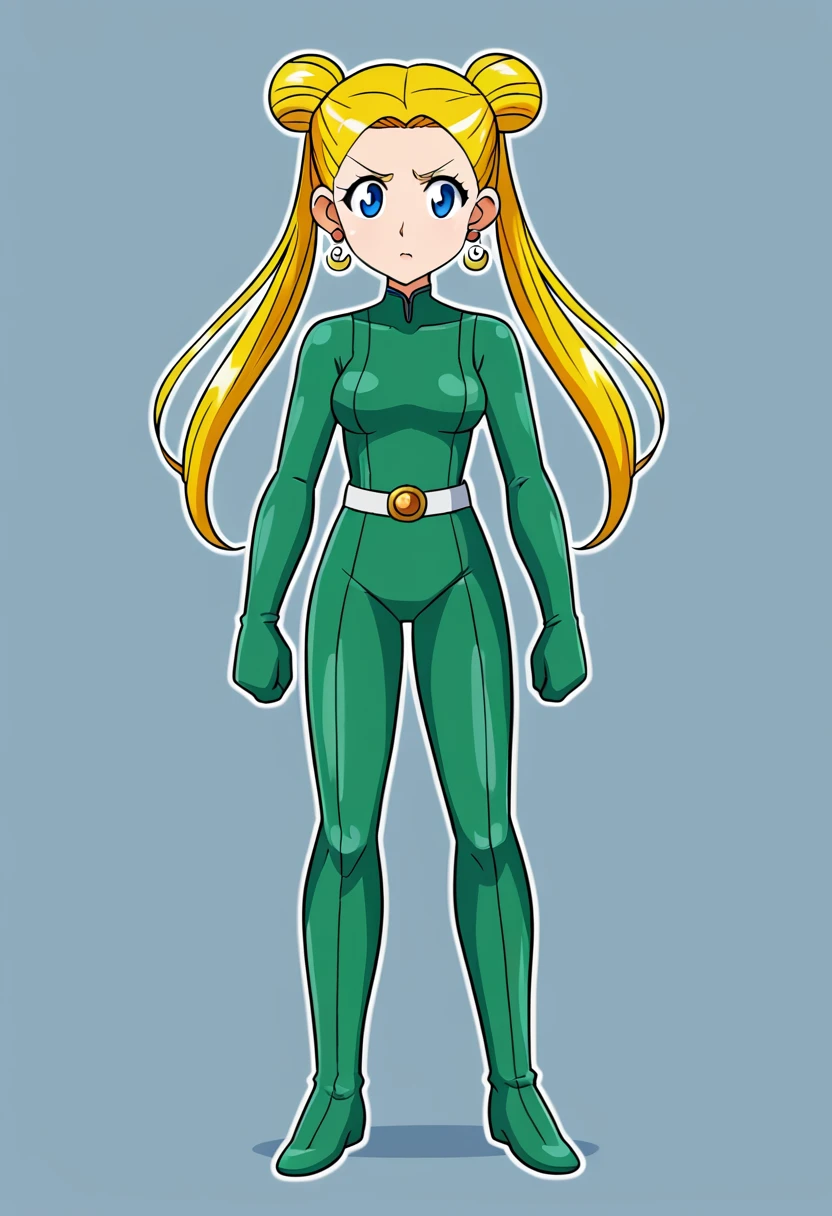 aausagi, long hair, double bun, twintails, parted bangs, blonde ,tiara, earrings, blue eyes, green bodysuit, belt, full body shot