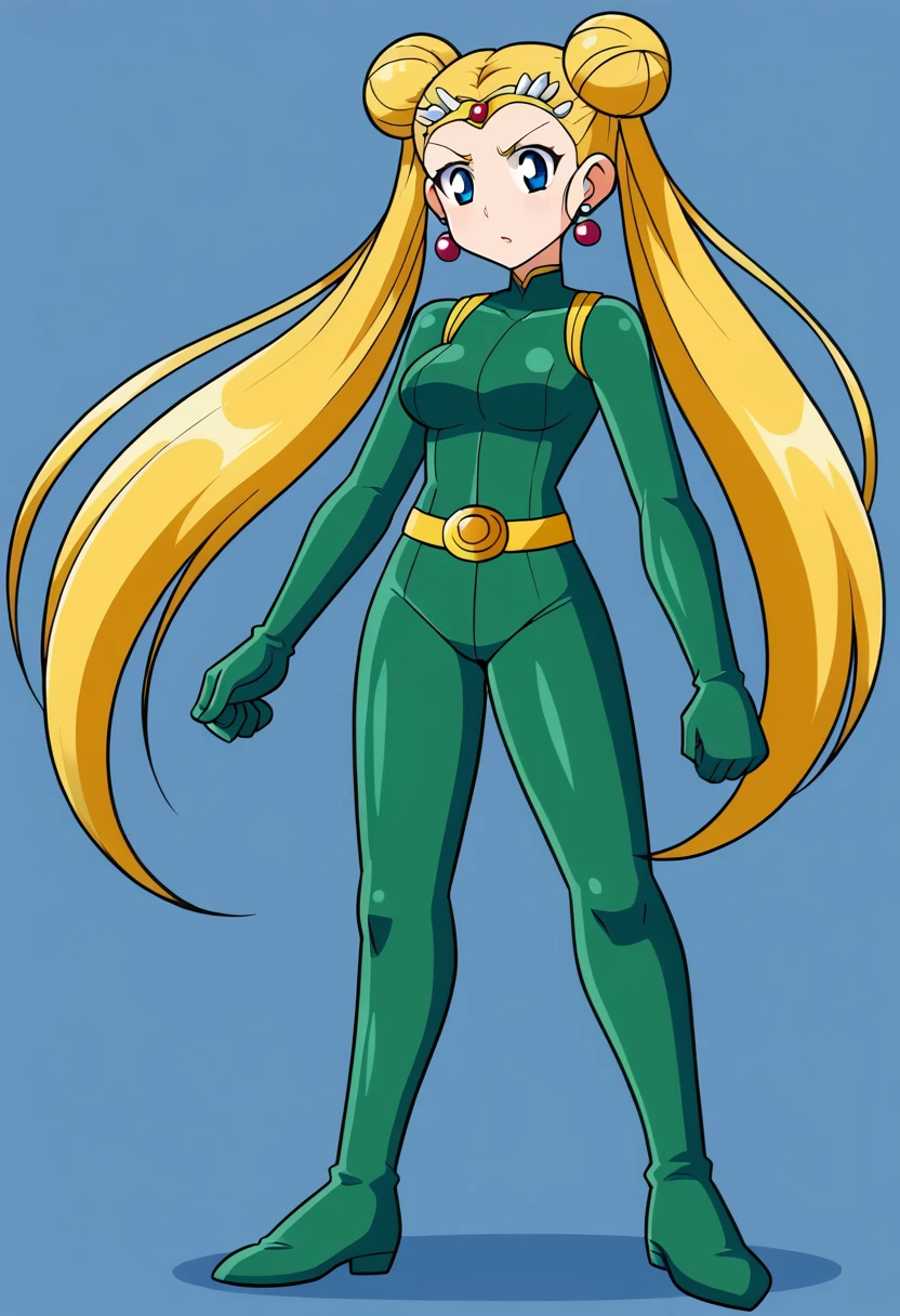 aausagi, long hair, double bun, twintails, parted bangs, blonde ,tiara, earrings, blue eyes, green bodysuit, belt, full body shot