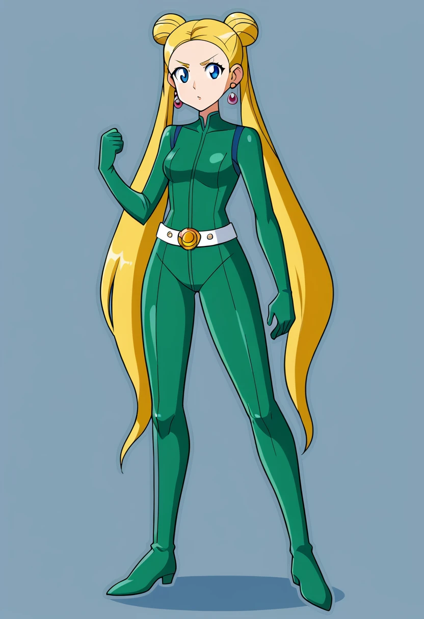 aausagi, long hair, double bun, twintails, parted bangs, blonde ,tiara, earrings, blue eyes, green bodysuit, belt, full body shot