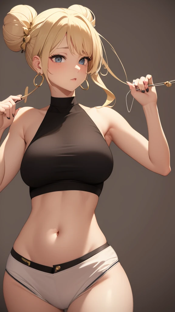 A girl with blonde curly hair that is in a singal bun and has random strains hanging down and is only wearing a crop top and dangling earrings and is giving a blowjob
