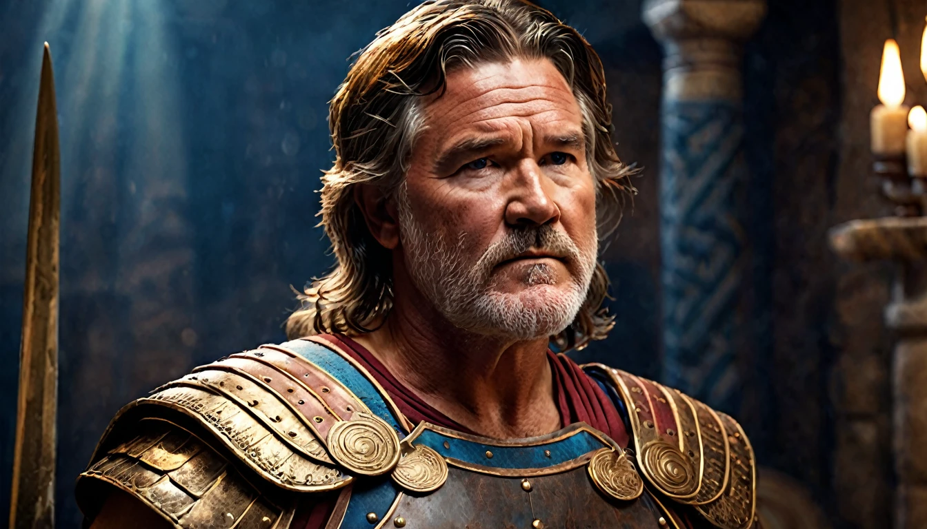 greek warrior with the face of (kurt russell) spectacular lighting, moody atmosphere, vibrant colors, cinematic composition, intricate details (best quality, 4k, 8k, high resolution, masterpiece: 1.2), ultra detailed, (realistic, photorealistic, photorealistic: 1.37)