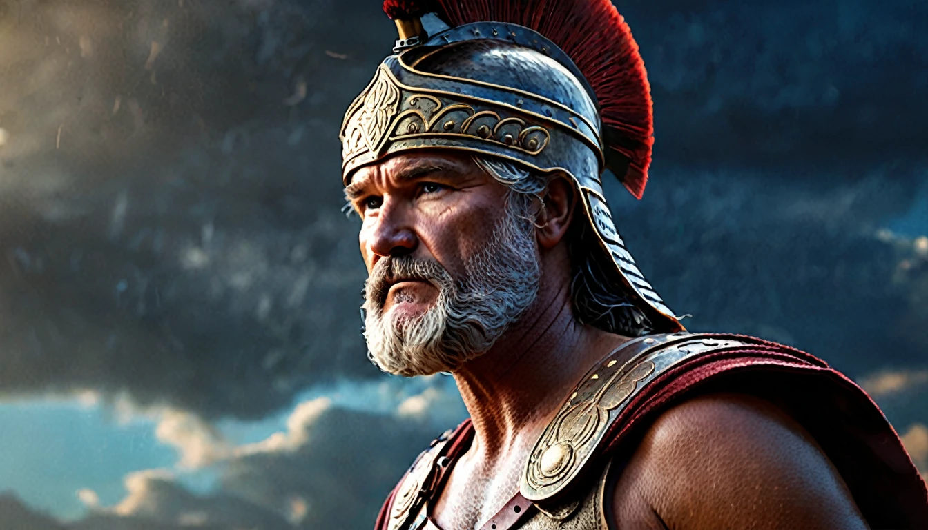greek warrior with the face of (kurt russell) spectacular lighting, moody atmosphere, vibrant colors, cinematic composition, intricate details (best quality, 4k, 8k, high resolution, masterpiece: 1.2), ultra detailed, (realistic, photorealistic, photorealistic: 1.37)