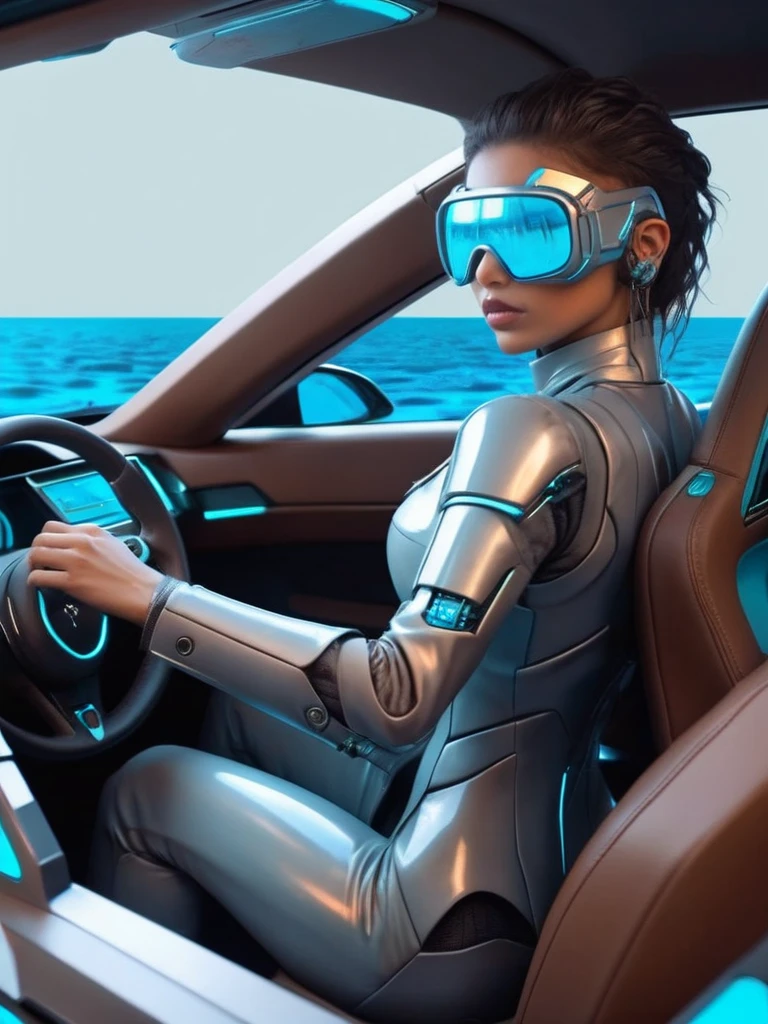 ral-opal, meahophontron, cyberpunk demonio, women (brown suit, light blue, light grey) With futuristic armor, (along with a super sports car) blue colors, black, gray with soft tones, background image: (driving through the sea)