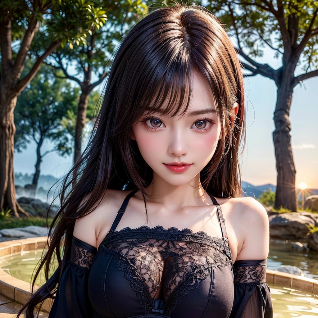 One girl, very cute, Great face and eyes, (Beautiful lovely smile), (Highly detailed beautiful face), Bright and shiny lips, Sexy Looks, Keep staring at me, (Cute Bra:1.3), (very elaborate lace bra:1.5), Smooth Skin, so beautiful, Charm, (Highest quality:1.4), (super high quality), (Super detailed), (Surreal, Photorealistic:1.37), Real skin texture, Intricate details, Highly detailed CG synthesis 8k wallpaper, RAW Photos, Professional photography, Cinema Lighting, (Enter the hot spring), ((Hot water spring, Open-air bath, forest, forest, sunset)),